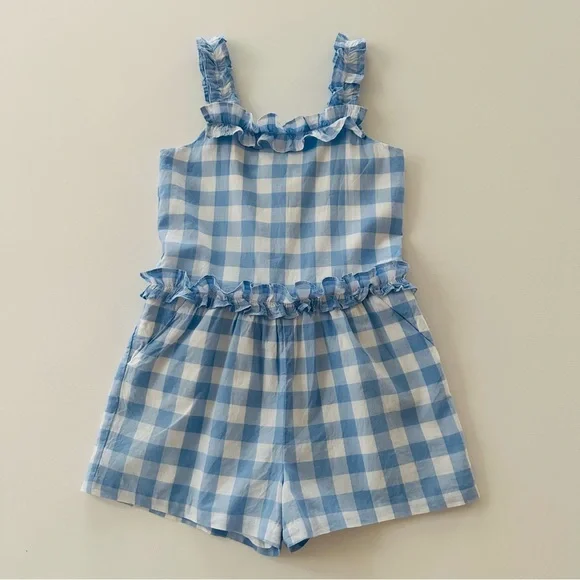 Janie and Jack Girls 7 Blue Gingham Ruffle Romper - Picture 1 of 5